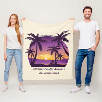 Vintage Beach Sunset Vacation lounger peach purple Fleece Blanket