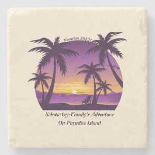 Vintage Beach Sunset Vacation lounger peach purple Stone Coaster