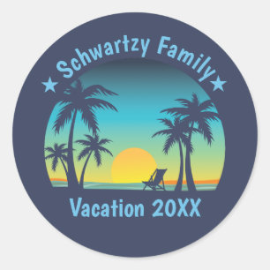 Vintage Beach Sunset Vacation Orange-blue lounger Classic Round Sticker