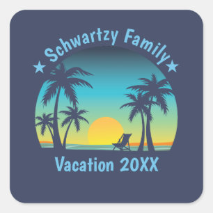 Vintage Beach Sunset Vacation Orange-blue lounger Square Sticker