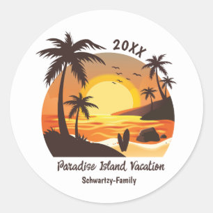 Vintage Beach Sunset Vacation surf orange brown Classic Round Sticker