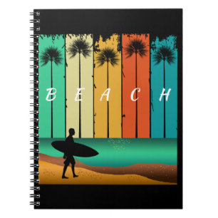 VINTAGE BEACH SURFER SURFING PALM TREES NOTEBOOK