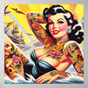 Vintage Beach Tattoo Pinup Poster