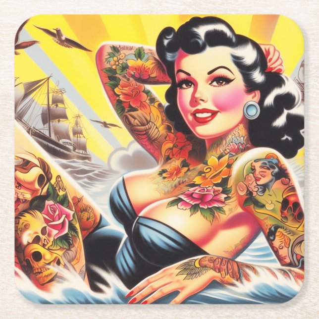 Vintage Beach Tattoo Pinup Square Paper Coaster (Front)