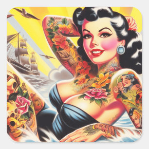 Vintage Beach Tattoo Pinup Square Sticker