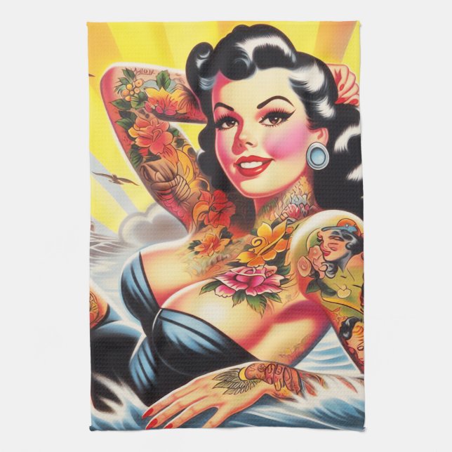 Vintage Beach Tattoo Pinup Tea Towel (Vertical)
