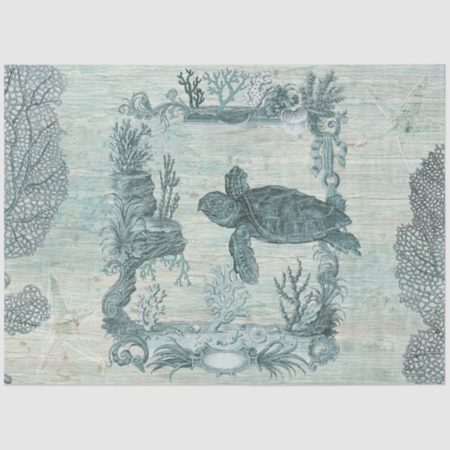 Vintage Beach Turtle Starfish Blue Wood Decoupage Tissue Paper (Front)