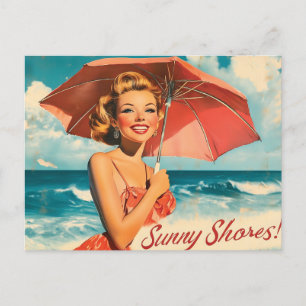 Vintage Beach Vacation Poster: Blonde Pin-Up  Holiday Postcard