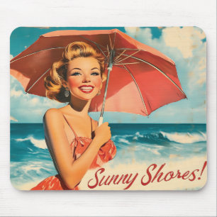 Vintage Beach Vacation Poster: Blonde Pin-Up Mouse Mat