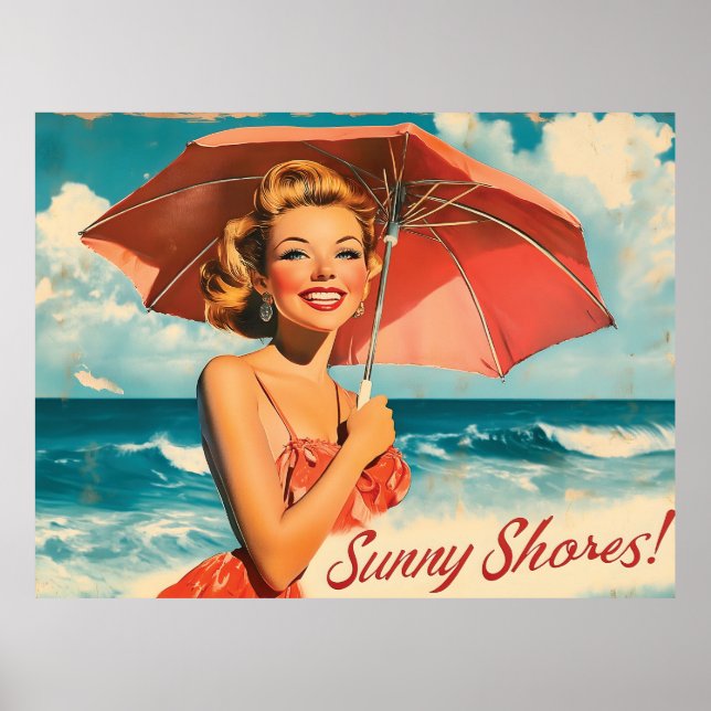 Vintage Beach Vacation Poster: Blonde Pin-Up  Poster (Front)