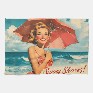 Vintage Beach Vacation Poster: Blonde Pin-Up Tea Towel