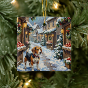 Vintage Beagle in Snowy Christmas Marketplace Ceramic Ornament