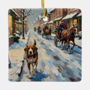 Vintage Beagle on Snowy Victorian Christmas Street Ceramic Ornament