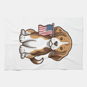 Vintage Beagle Puppy American Flag Shirt Design_1 Tea Towel