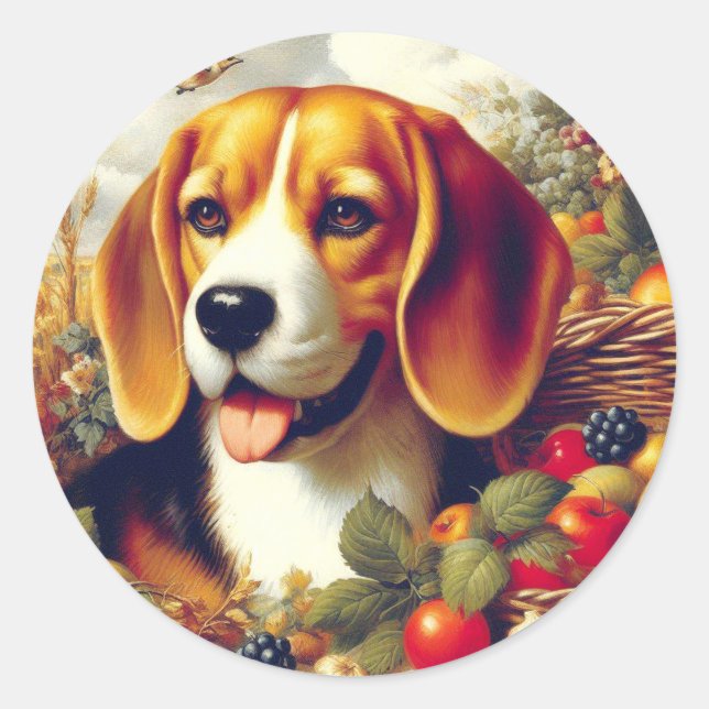 Vintage Beagle Puppy Painting Classic Round Sticker (Front)