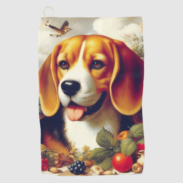 Vintage Beagle Puppy Painting Golf Towel (Front)
