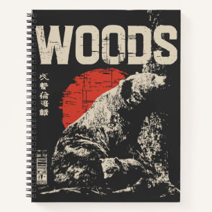 Vintage Bear and Cub in Forest   Black Red White Notebook