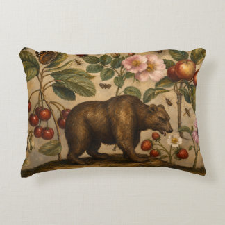 Vintage Bear and Orchard Botanical Oil Painting Decorative Cushion
