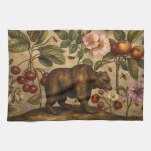 Vintage Bear and Orchard Botanical Oil Painting Tea Towel