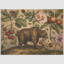 Vintage Bear and Orchard Botanical Oil Painting