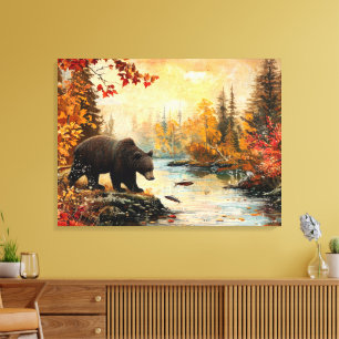 Vintage Bear at the Creek Autumn Foliage 32x24 Canvas Print