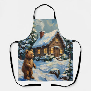 Vintage Bear Cub at Snowy Christmas Pine Cabin Apron