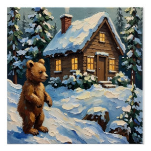 Vintage Bear Cub at Snowy Christmas Pine Cabin Poster