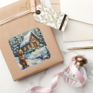 Vintage Bear Cub at Snowy Christmas Pine Cabin Square Sticker