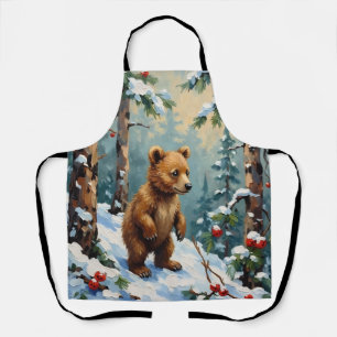 Vintage Bear Cub in Snowy Pine Forest Christmas Apron