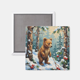 Vintage Bear Cub in Snowy Pine Forest Christmas Magnet
