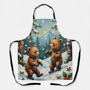 Vintage Bear Cubs Playing in Snowy Christmas Apron
