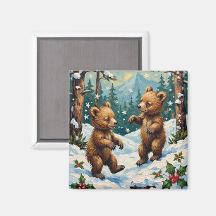 Vintage Bear Cubs Playing in Snowy Christmas Magnet