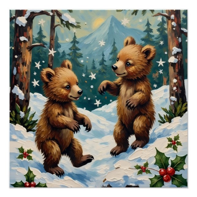 Vintage Bear Cubs Playing in Snowy Christmas Poster (Front)