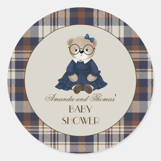 Vintage Bear Girl Baby Shower  Classic Round Sticker (Front)