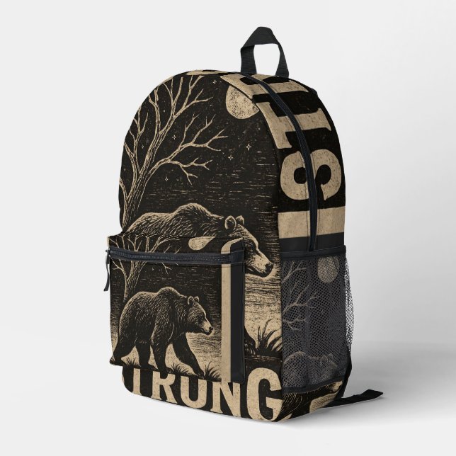 Vintage Bear Strength Printed Backpack (Back Corner Right)
