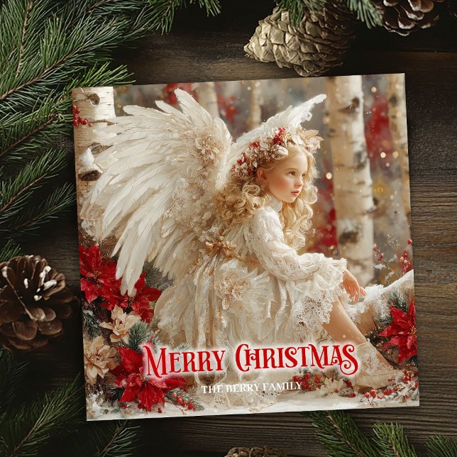 Vintage beautiful angel red poinsettias festive   holiday card (Vintage beautiful angel red poinsettias festive card)