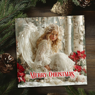 Vintage beautiful angel red white gold seasonal  holiday card
