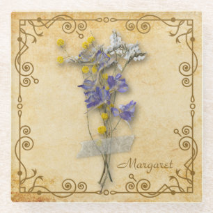 Vintage Beautiful Beige Dried Flowers with Name Glass Coaster