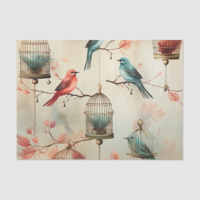 Vintage Beautiful Birdcages Birds Decoupage Tissue Paper (Front)