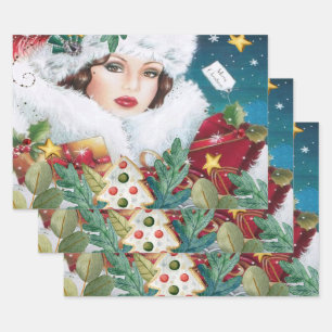 Vintage Beautiful Christmas Woman Wrapping Paper Sheet