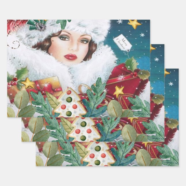 Vintage Beautiful Christmas Woman Wrapping Paper Sheet (Set)