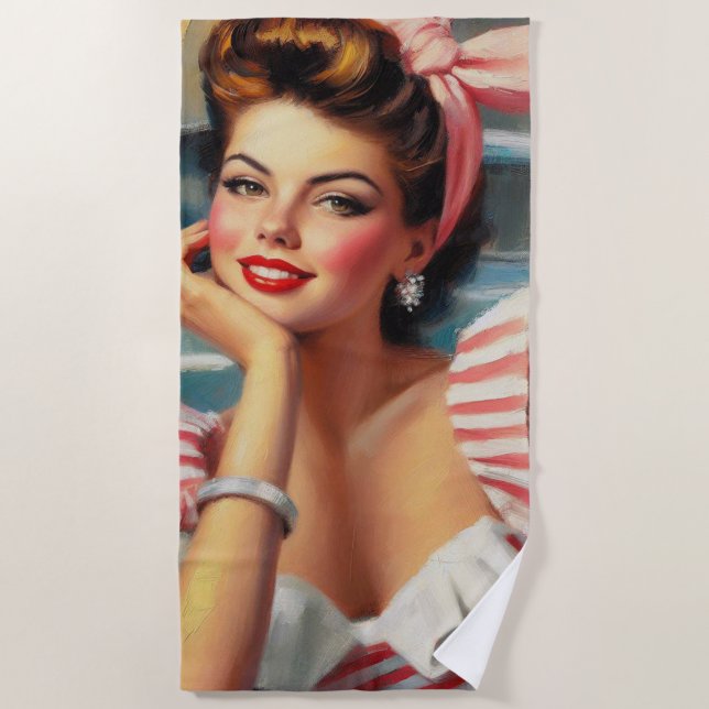Vintage Beautiful Girl Painting Beach Towel (Front)