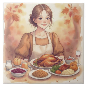 Vintage, Beautiful Girl ,Thanksgiving Celebration Tile