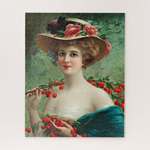Vintage Beautiful Lady Flower Hat & Red Cherries Jigsaw Puzzle