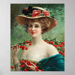 Vintage Beautiful Lady, Flowered Hat & Cherries Poster