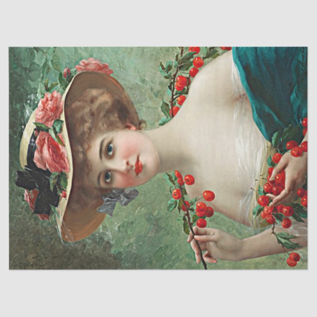 Vintage Beautiful Lady Flowered Hat & Cherries Tissue Paper (Front)