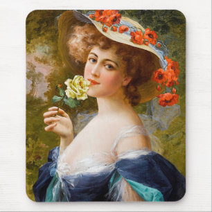 Vintage Beautiful Lady In Blue, Yellow Rose Flower Mouse Mat