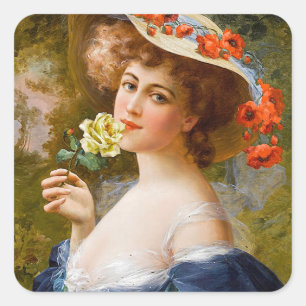 Vintage Beautiful Lady In Blue Yellow Rose Flower Square Sticker