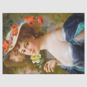 Vintage Beautiful Lady In Blue Yellow Rose Flower Tissue Paper
