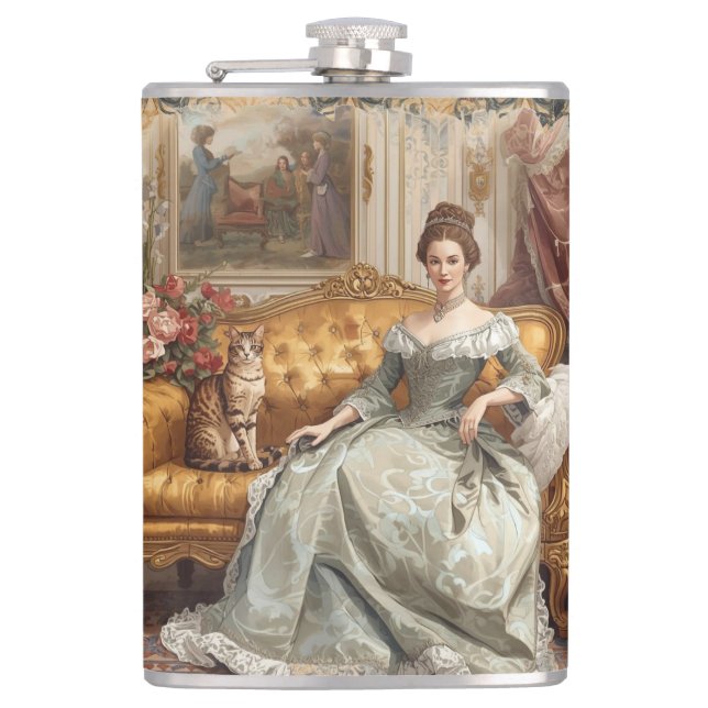 Vintage Beautiful Noblewoman and Cat, Classic  Hip Flask (Front)